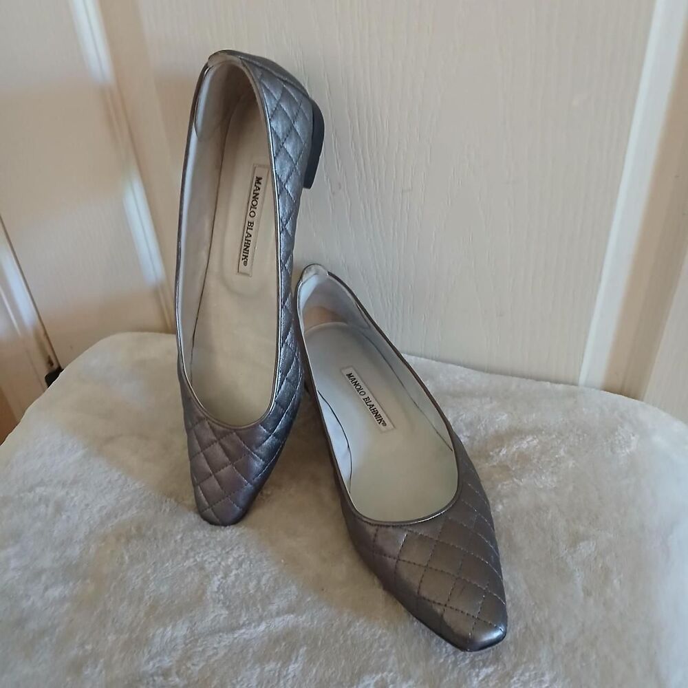 Manolo Blahnik Giungla Silver Quilted Leather Square Toe Ballet Flats 39 Luxury - Picture 2 of 8